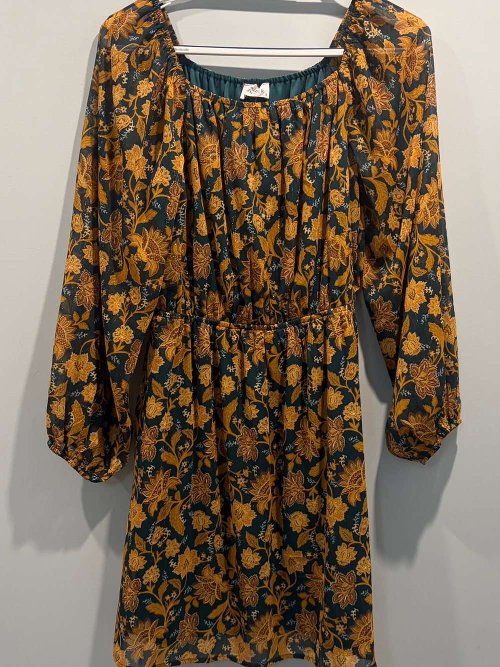 Emily Wonder Teal Gold Floral Long Sleeve Dress Size Small NWT